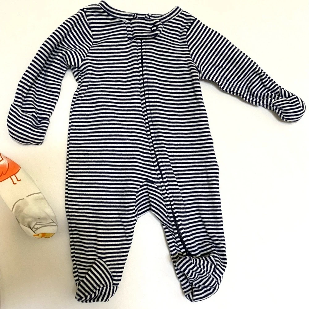 Carter's 2 Way Zip Preemie Sleep & Play White Ocean Print & Navy Stripe